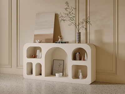 Modern Entryway Console Cabinet With Arch Open Shelves Decorative Vases And Artwork 3d model