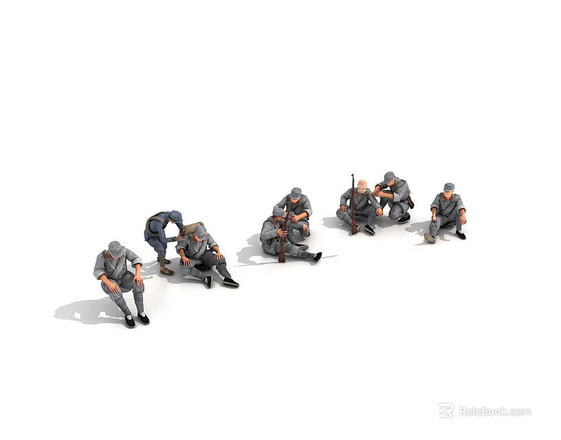Small Human Figures In Gray Uniforms Sitting And Bending In Resting Scene 3d model 