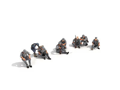 Small Human Figures In Gray Uniforms Sitting And Bending In Resting Scene 3d model
