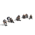 Small Human Figures In Gray Uniforms Sitting And Bending In Resting Scene