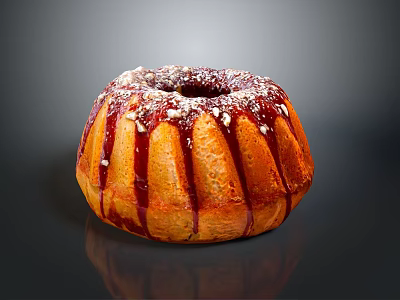 Delicious Bundt Cake With Drizzled Red Glaze Sprinkled Powdered Sugar And Nuts 3d model