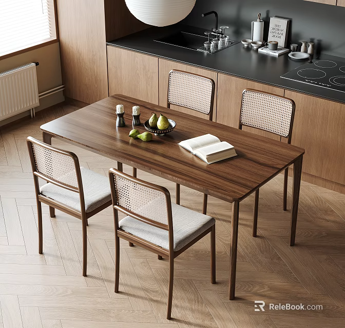 Wooden Dining Table And Chairs With Woven Backrest Light Cushion Fruits Open Book In Kitchen 3d model 