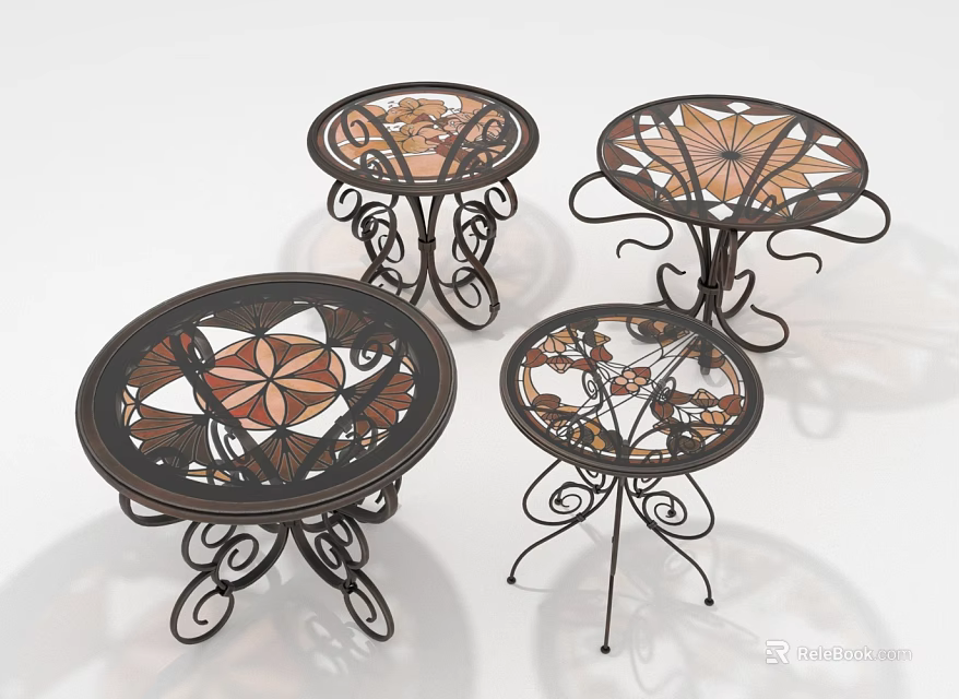 Decorative Plant Patterned Metal Tables With Intricate Floral Designs And Ornate Scroll Legs 3d model 