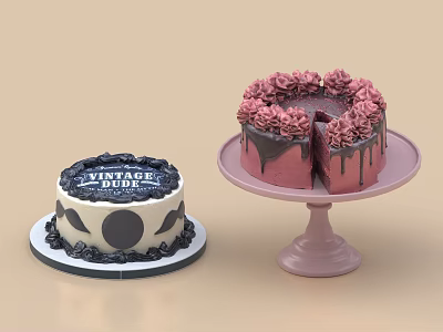 Vintage Fair Cake With Black White Cream And Pink Floral Chocolate Drizzle Sliced On Stand 3d model