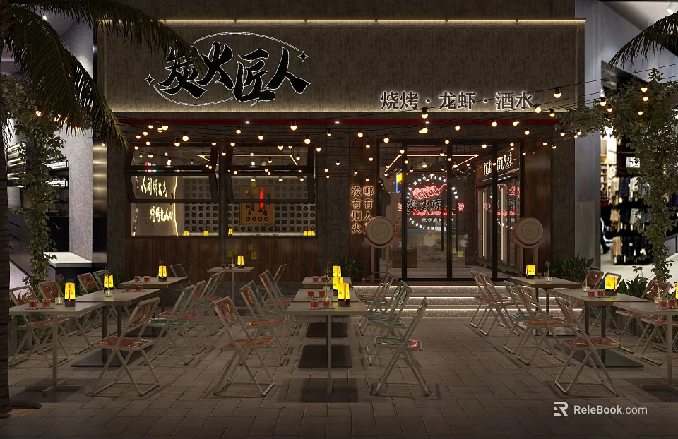 Charcoal Fire Restaurant With Barbecue Lobster Drinks Outdoor Seating Lanterns String Lights 3d model 