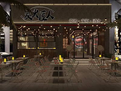 Charcoal Fire Restaurant With Barbecue Lobster Drinks Outdoor Seating Lanterns String Lights 3d model