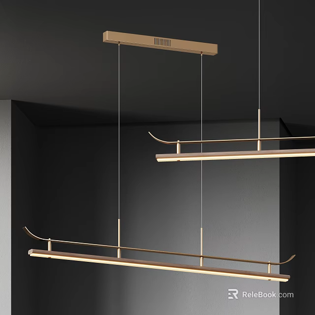 Modern Linear Pendant Lights With Brass Frames Hanging From Dark Ceiling In Interior Design 3d model 