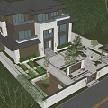 Chinese Style Courtyard Garden with Modern Architecture Traditional Roof Green Plants and Stone Pathway