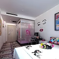 Modern Hotel Room Interior With Double Beds Glass Partition Pink Graphic And Decorative Paintings