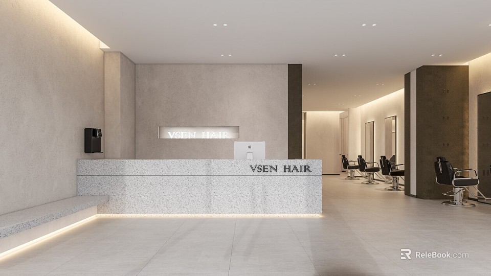 Modern Hair Salon Interior Design Featuring Stone Reception Desk Stylish Lighting And Chairs 3d model 