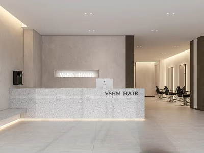 Modern Hair Salon Interior Design Featuring Stone Reception Desk Stylish Lighting And Chairs 3d model