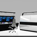 Modern Control Desk Setup With Multiple Blue Monitors And Ergonomic Chair Design 3d model