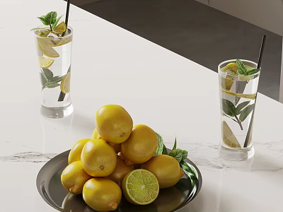 Fresh Lemons On Black Plate With Lemon Water Glasses Mint Leaves And Marble Countertop 3d model