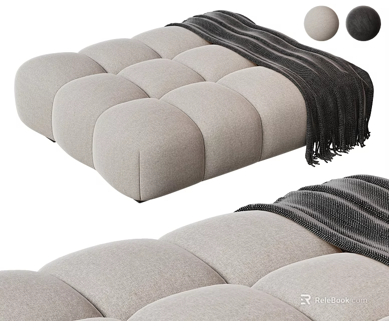 Modern Upholstered Ottoman with Round Tufted Design and Cozy Striped Blanket alongside Decorative Balls 3d model 