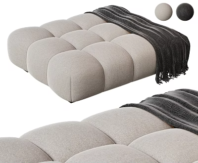 Modern Upholstered Ottoman with Round Tufted Design and Cozy Striped Blanket alongside Decorative Balls 3d model
