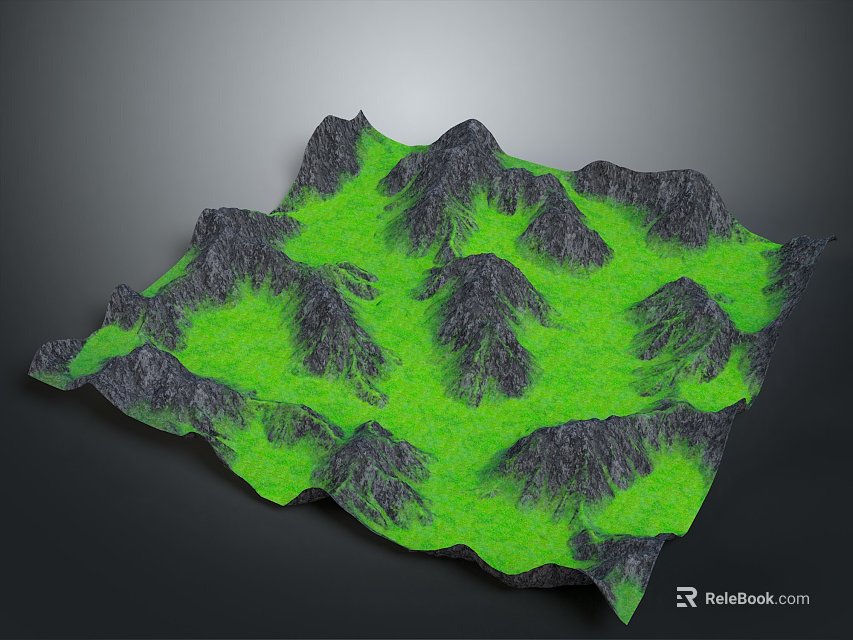 3D Landscape Featuring Rolling Mountains with Green Grass and Black Ridges 3d model 