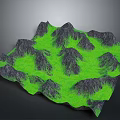 3D Landscape Featuring Rolling Mountains with Green Grass and Black Ridges