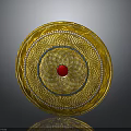 Golden Circular Decorative Plate With Central Red Gemstone And Surrounding Blue White Intricate Patterns