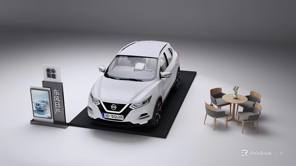 White Nissan Qashqai on Display with Signboard and Table Chairs Setup 3d model 