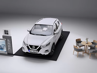 White Nissan Qashqai on Display with Signboard and Table Chairs Setup 3d model