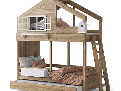 Modern Wooden Bunk Bed Design With Ladder Mattress And Soft Pillows 3d model