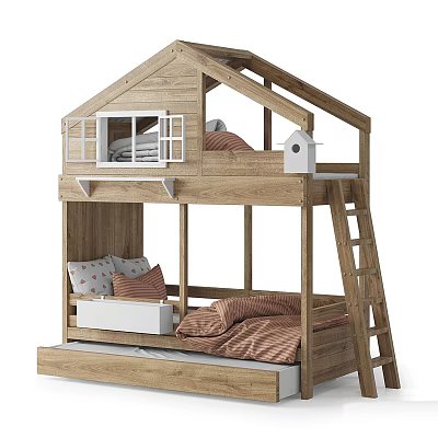 Modern Wooden Bunk Bed Design With Ladder Mattress And Soft Pillows 3d model