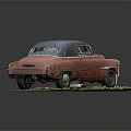 Old Rusty Red Classic Car With Damaged Roof On Broken Ground And Weeds