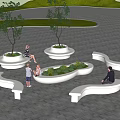 Curved White Landscape Seats in Outdoor Paved Area with People Relaxing and Green Plants