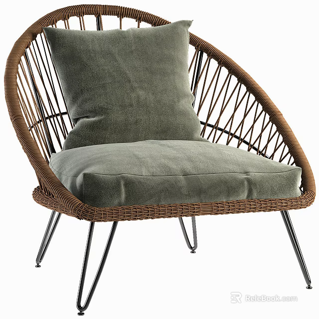 Brown Wicker Accent Chair With Green Cushion And Metal Legs Design 3d model 