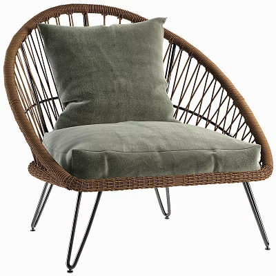 Brown Wicker Accent Chair With Green Cushion And Metal Legs Design 3d model