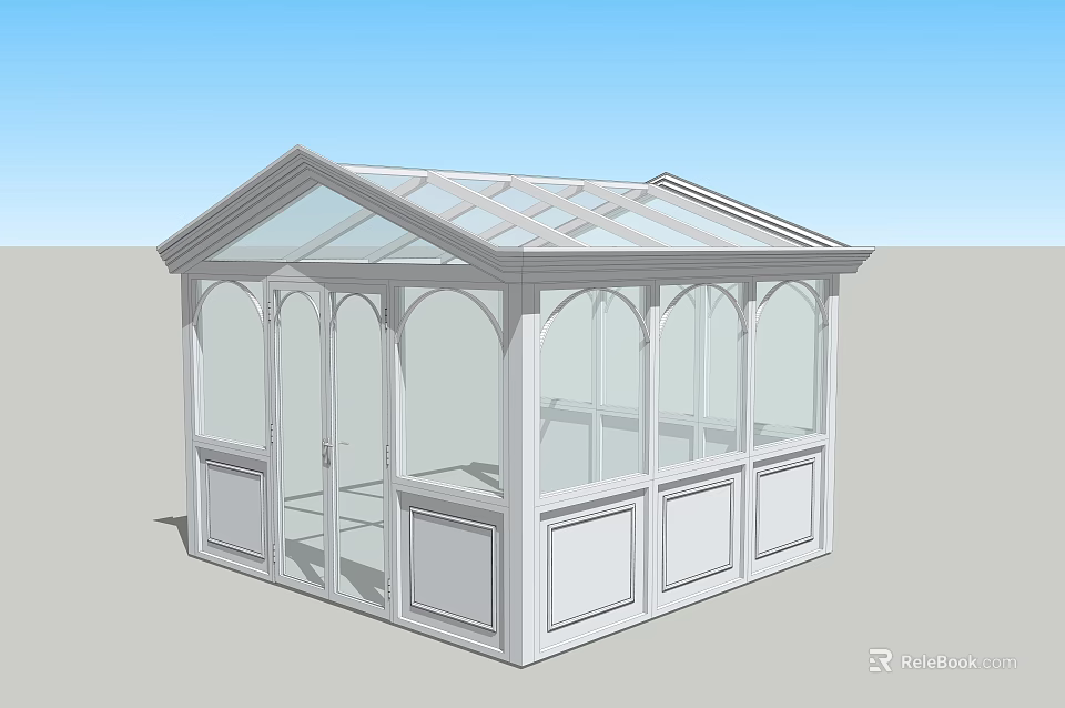 Elegant Modern Sunroom With White Frame Glass Roof And Arched Windows 3d model 