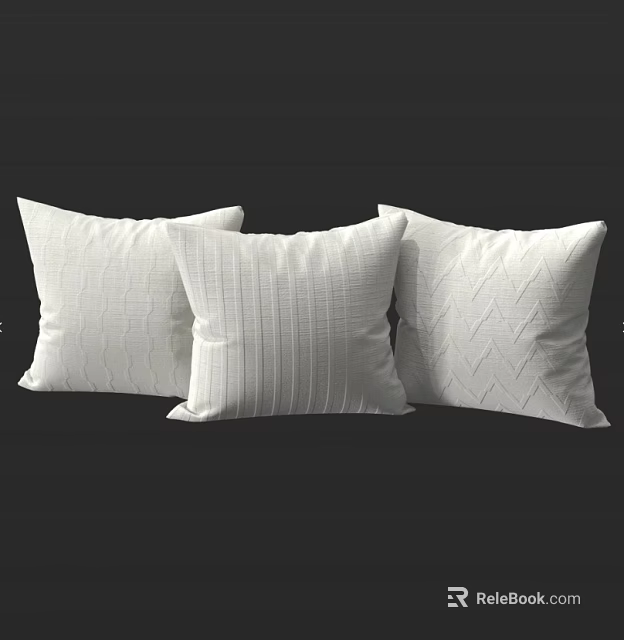Three Soft White Decorative Pillows With Different Textured Striped Chevron Patterns 3d model