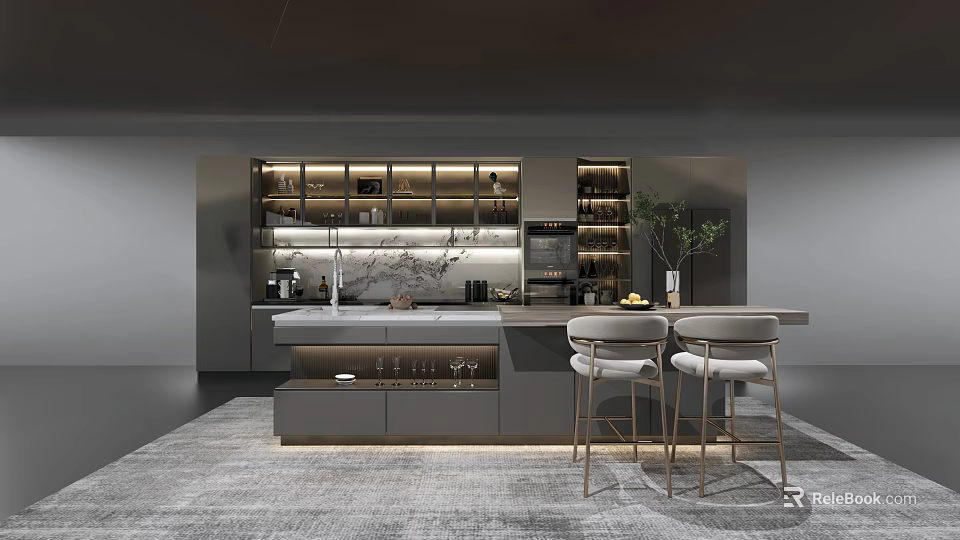 Modern Elegant Kitchen Interior With Gray Island Counter Cabinets Bar Stools And Lighting 3d model 