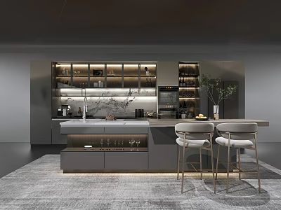 Modern Elegant Kitchen Interior With Gray Island Counter Cabinets Bar Stools And Lighting 3d model
