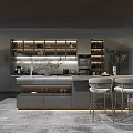 Modern Elegant Kitchen Interior With Gray Island Counter Cabinets Bar Stools And Lighting