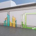 Outdoor Display Shelves With Trash Sorting Bins And Person Near Building