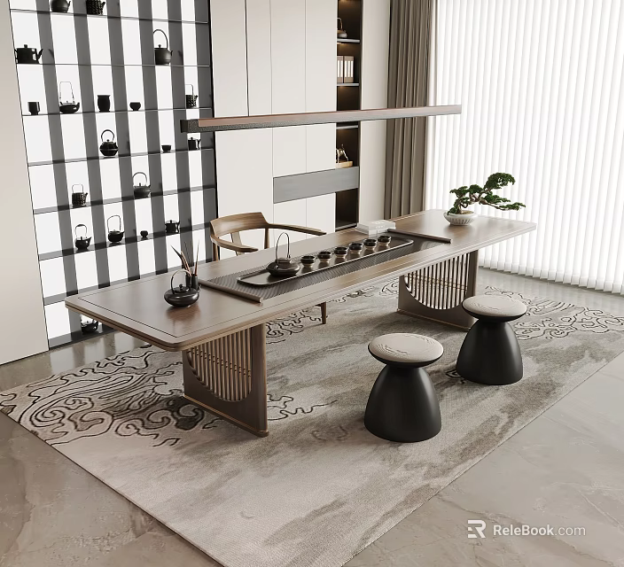 Modern Tea Table And Chairs With Round Stools Tea Sets Shelf And Natural Light Indoor 3d model