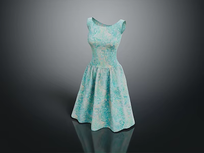 Light Green Sleeveless Dress Featuring Floral Pattern And Flared Skirt 3d model