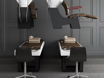 Two Massage Beds In Modern Spa Interior With Grey Walls Dark Wooden Floor And Black Chairs 3d model