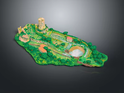 Scenic Landscape Model With Greenery Circular Pond Paths And Tower Structure 3d model