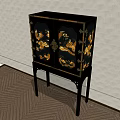 Modern Black Entryway Console Cabinet With Golden Decorative Patterns And Wooden Legs