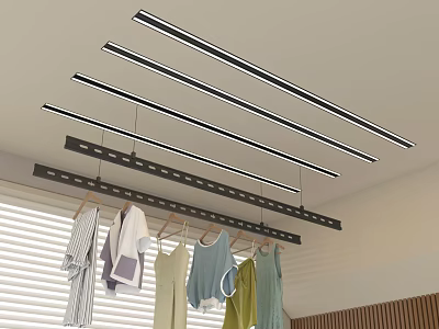 Modern Indoor Space With Ceiling Lights And Hanging Clothes On Drying Rack 3d model