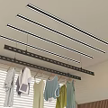 Modern Indoor Space With Ceiling Lights And Hanging Clothes On Drying Rack 3d model