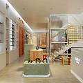 Modern Minimalist Boutique Interior With Green Display Stand Handbags Shoes Round Wall Decor And Staircase
