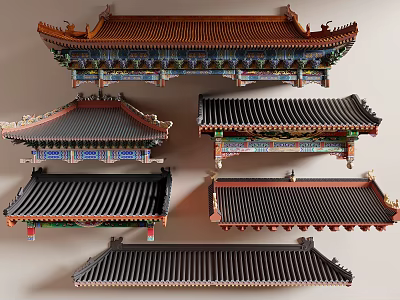 Ancient Chinese Architecture Showcasing Various Traditional Roof Styles With Ornate Carvings And Decorations 3d model