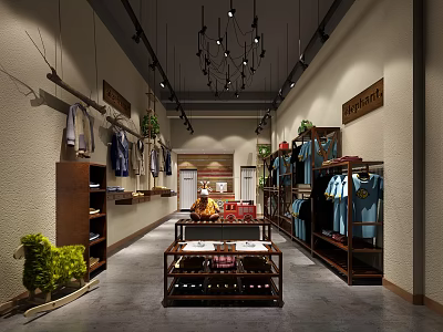 Cozy Clothing Store Interior With Hanging Apparel Display Shelves And Decorative Lighting 3d model