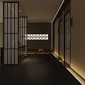 Traditional Tea Room Interior With Bamboo Pattern Round Decorative Plates Pendant Lights And Long Wooden Table