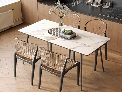 Modern Dining Table and Rattan Chairs Set with Marble Top in Kitchen with Wooden Cabinets 3d model