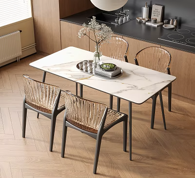 Modern Dining Table and Rattan Chairs Set with Marble Top in Kitchen with Wooden Cabinets 3d model
