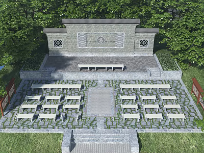 Traditional Outdoor Venue With Stone Structure Wooden Seats And Green Trees 3d model
